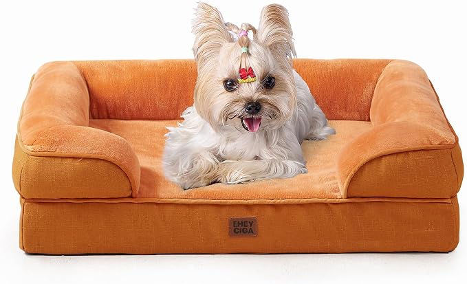 EHEYCIGA Orthopedic Small Dog Bed, Waterproof Memory Foam Washable Pet Beds | Non-Slip Bottom and Egg-Crate Foam Medium Pet Couch Bed with Washable Removable Cover,Pumpkin Orange