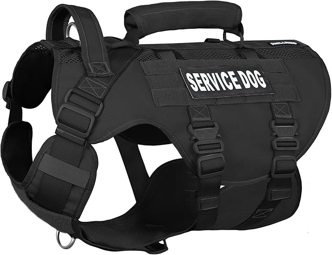 Service Dog Vest for Large Dogs, Black Tactical Harness with Military MOLLE, Breathable Mesh & 39g Metal Buckle - Size M for Training & Hiking