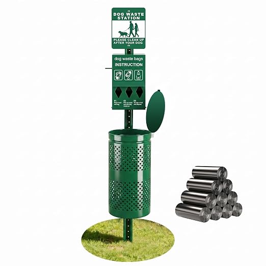 10-Gallon Galvanized Steel Dog Waste Station with Sign, Dog Poop Trash Can for Yard & Communities, Locking Dispenser & Waste Can Outdoor Pet Waste Disposal System