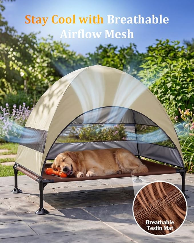 Elevated Outdoor Dog Bed with Canopy, Raised Dog Cot with Stable Adjustable Feet, Dog Camping Bed with Larger Shade, Lifted Dog Tent Bed with Canopy for Outside (Beige, Large)