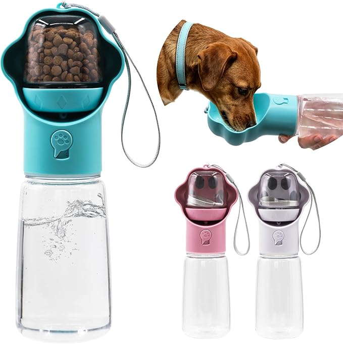 Dog Water Bottle with Food Container, Portable Pet Dispenser, Leak Proof, Hiking, Puppy Travel, Outdoor Activities(18.6 fl.oz/550ml, Blue)