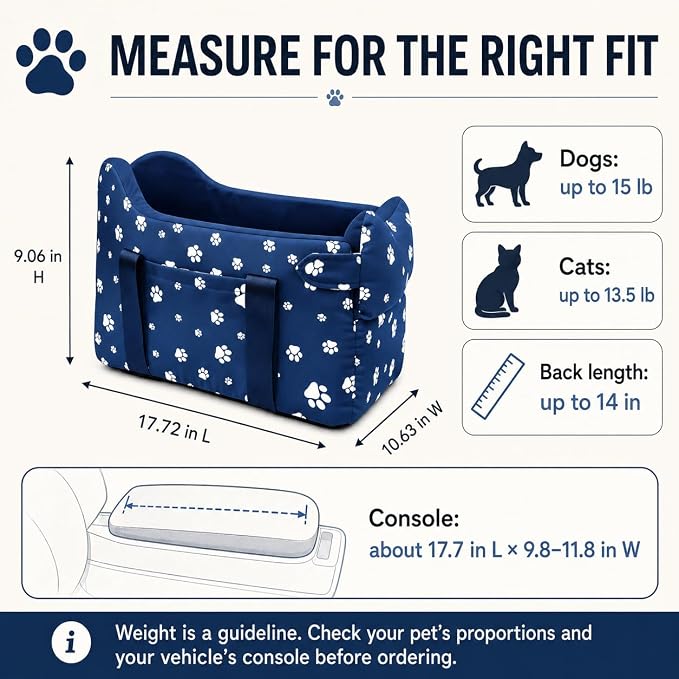 Dog Car Seat for Small Dogs 5-15 lbs, Navy Blue | Center Console Puppy Booster and Portable Travel Bed, Anti-Collapse Design with Washable Fluffy Cushion