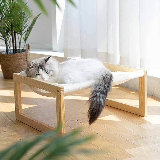 FUKUMARU Large Cat Hammock, Raised Dog Bed for Indoor and Outdoor, Washable | 21" Wooden Pet Beds, Cozy Velvet Cat Couch, Elevated Pet Sofa for Puppy, Bunny and Small Animal