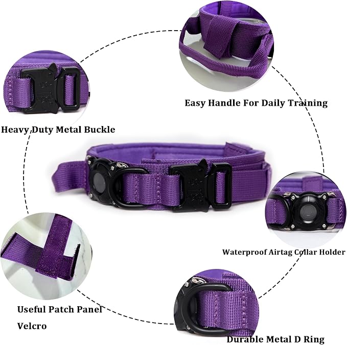 Tactical Dog Collar and Leash Set with Airtag Holder Waterproof Dog Airtag Collar with Handle Adjustable Heavy Duty Dog Collar Leash Set(DeepPurple，XXL