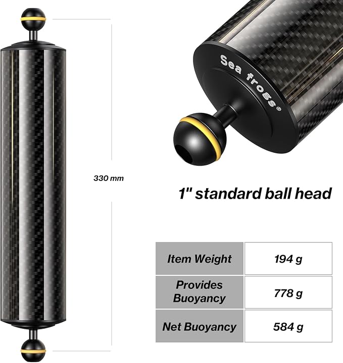 Sea frogs Carbon Fiber Float Arm D60mm, 12'', Buoyancy Provided 580g | for Ultralight, Aquatic Arm, Underwater Camera System Diving Tray Video Light/Strobe GA-8