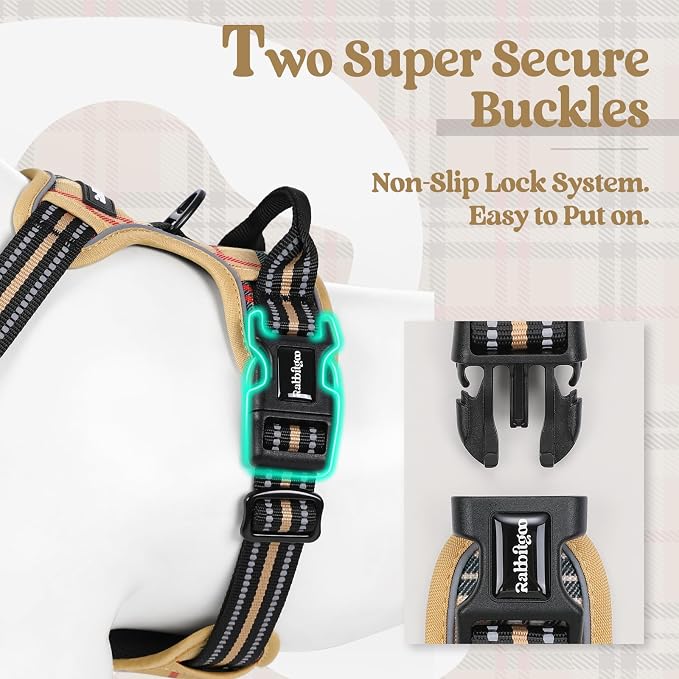 rabbitgoo Dog Harness, No Pull for Large Dogs with 2 Leash Clips, Pet Vest | No Choke with Handle, Adjustable Soft Padded, Reflective, Easy Control for Walking, Beige Plaid, X-Large