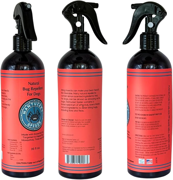 Nantucket Spider Natural Bug Repellent for Dogs | DEET-Free with Organic Essential Oils | Repels Mosquito, Flies, Ticks and Fleas | Non-Greasy Insect Spray with Thyme Oil | Large Size - 16 fl oz