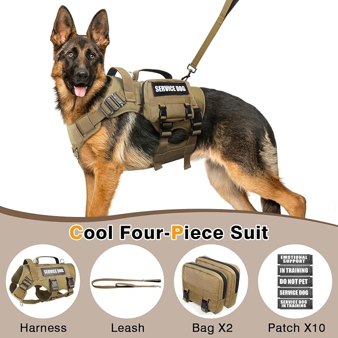 Tactical Dog Harness with Dog Leash, Service Working MOLLE Vest with 10 Pet Patches for Medium Dog, No Pull Military Harness and Backpack for Training Hunting Walking