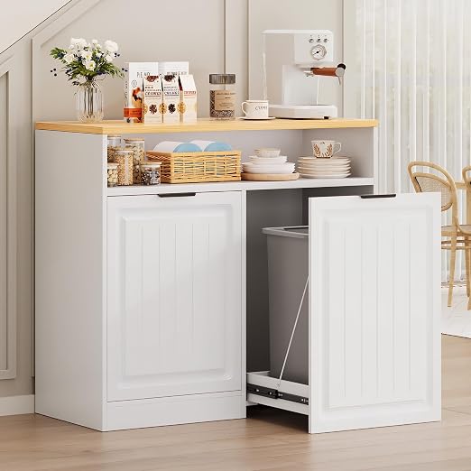 ZIFTY Pull Out Trash Can Cabinet for 13 Gallon Can with Storage, White | Pet Proof, Freestanding Kitchen Island Cabinet, Adjustable Shelf, Garbage Recycling, Modern Farmhouse Waste Bin Furniture