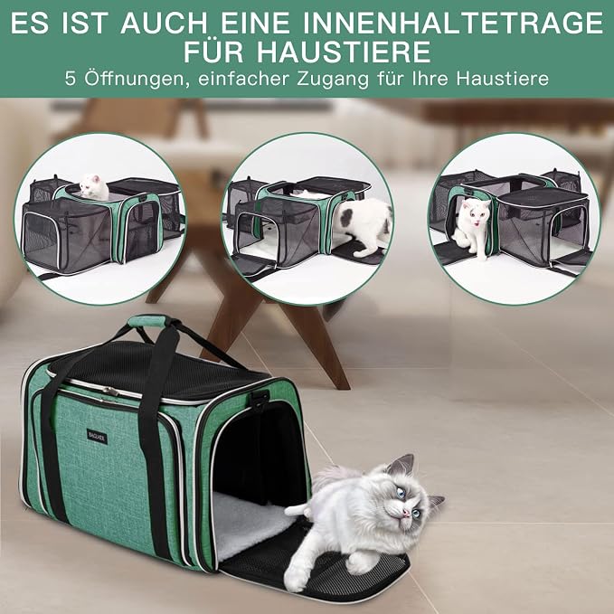 BAGLHER Expandable Cat Carrier with Travel Litter Box, Pet Travel 5 Sides Open Doors 3 Sides, Leak-Proof and Collapsible, for Car, Airplane Trip, Green