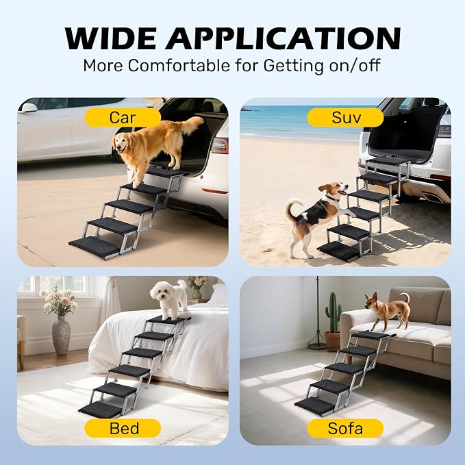 Dog Steps for Car, Truck and SUV - Foldable Pet Stairs for Large Dogs with Non-Slip Rug Surface, Lightweight Dog Ramp Holds Up to 250lbs, 6 Steps