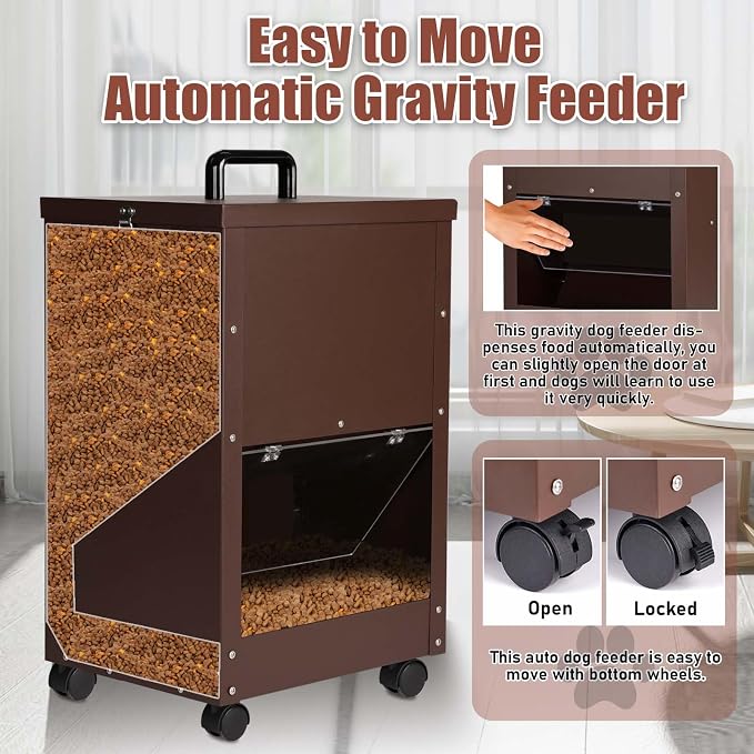45Lbs Automatic Dog Feeder Large Breed, Easy to Move with Wheels | Large Capacity Outdoor Gravity Dog Feeder, Galvanized Metal Self Feeding Dog Food Dispenser with Clear Door