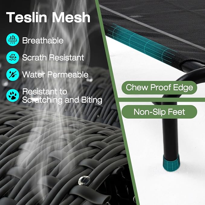 MICOOYO Outdoor Dog Bed, Elevated Dog Bed Raised Dogs Bed with Breathable & Washable Mesh, No-Slip Feet, Easy Clean, Chew Proof, Portable Dog Cot for Indoor & Outdoor Use, 47" x 31" x 9", Black