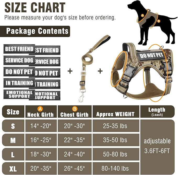 Tactical Dog Harness and Leash Set with 10 Patches for Medium Dogs | Heavy Duty No Pull Service Animal Dog Vest with Dog Seat Belt ,Adjustable Reflective Easy Walk for Training Hiking Camo M
