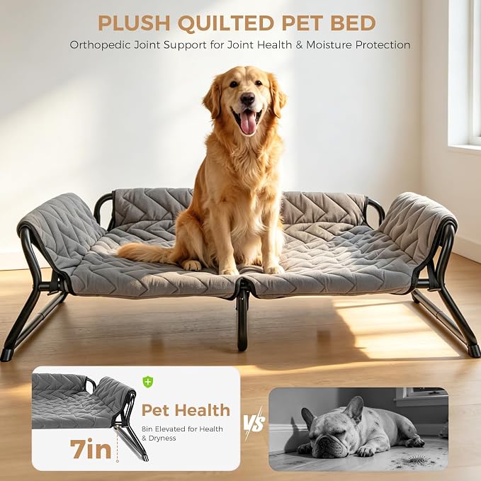 Elevated Dog Bed with Bolster, 2-in-1 Raised Dog Cot for Large Dogs up to 90 lbs, Removable Machine-Washable Cushion, Stable Metal X-Frame, Indoor and Covered Outdoor Use, 42 x 30 x 12 in, Gray