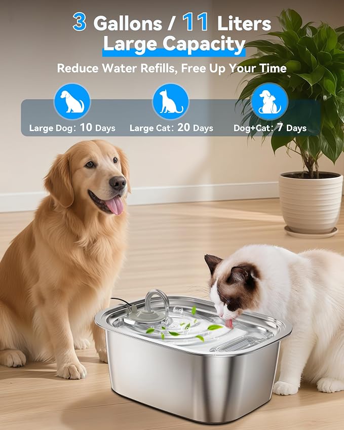3Gal/11L Dog Water Fountain, Stainless Steel Large Automatic Pet Water Dispenser, Ultra-Quiet Leak-Proof Drinking Bowl for Big Dogs & Multiple Pets