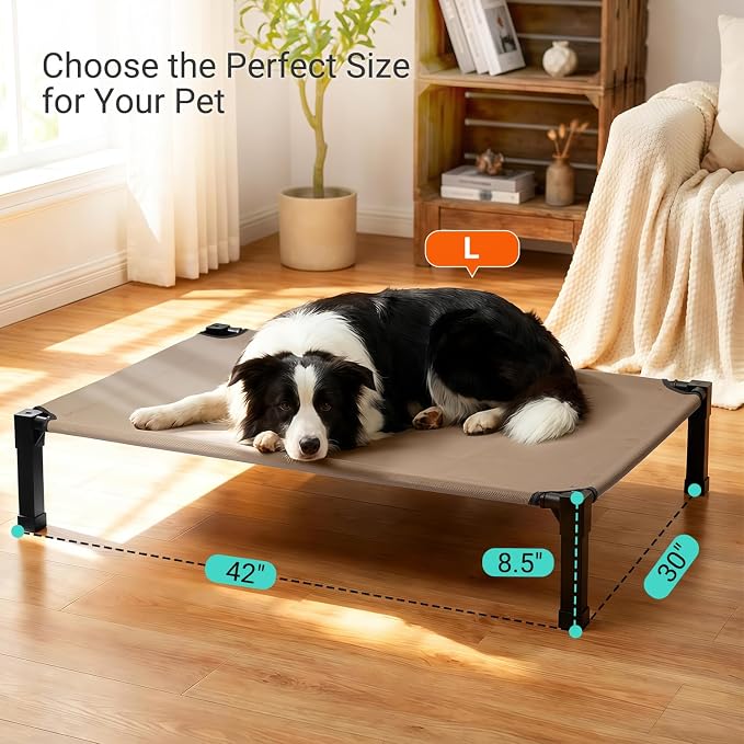 Elevated Outdoor Dog Bed, Raised Dog Bed with Steel Framed 42in | Cooling Elevated Pet Cot with Non-Slip Feet, and Waterproof, Washable, Breathable Teslin Mesh