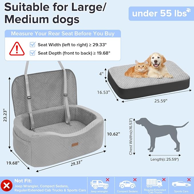 BLVRYVIO Large Dog Car Seat for Medium Sized Dogs Under 55lbs or 2 Smalls | Pet Booster Dog Seat for Car with 4" Memory Foam for Back Seat, Triple Safety Belts, Storage Pockets, Washable, Black