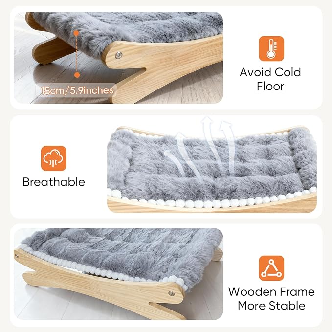 Plush Elevated Cat Bed - Cozy Raised Cat Hammock with Solid Wood Frame, Soft Furry Cushion for Indoor Cats & Small Dogs, Multi-Color Options(Grey)