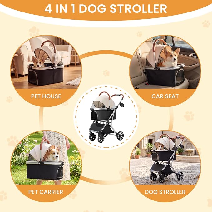 Dog Strollers for Small Medium Dogs Cats 44 lbs,3-in-1 Detachable Pet Carrier Stroller,4 Wheels One-Hand Fold Travel Carriage with Storage Basket,Pet Pad,Cup Holder,Khaki
