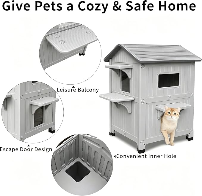 Outdoor Cat House 2 Story HDPE Weatherproof for Feral Cat, Grey with Mat | 21.5" D x 21" W x 34" H, Plastic Elevated Insulated Cat Shelter with Escape Door, Easy Clean & Assemble, Expansive Interior‌