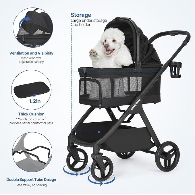 X-5 Pet Stroller for Medium Pets Up to 55 lbs, Net Black | Full View, Adjustable Handle, Detachable Carrier, Convertible Car Seat, One-Touch Fold, All-Terrain Wheels, 3-in-1 Design