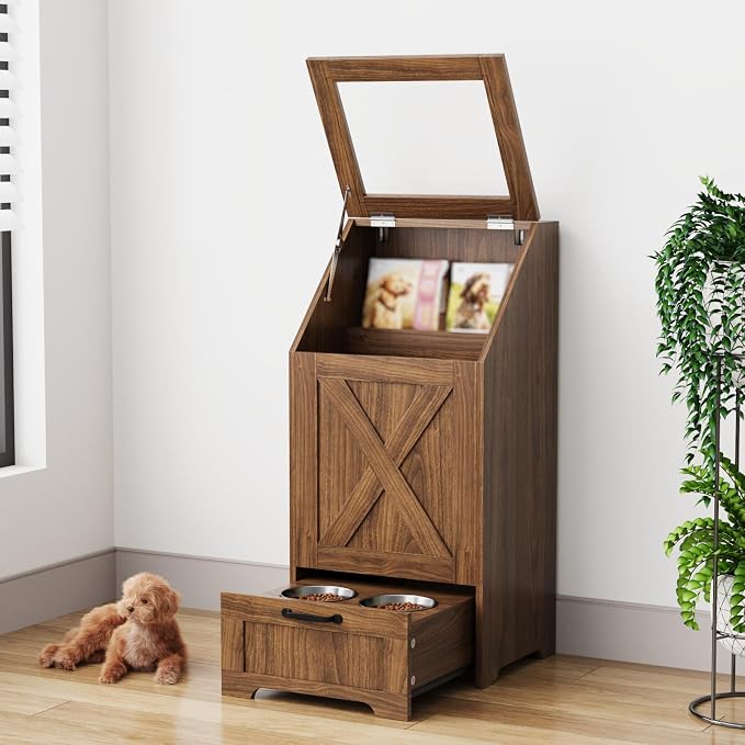 Walnut Dog Feeding Station with Storage & Bowls | Pet food cabinet, 2 elevated bowls, 3 hooks, glass flip cover, anti-tipping device, for dogs.