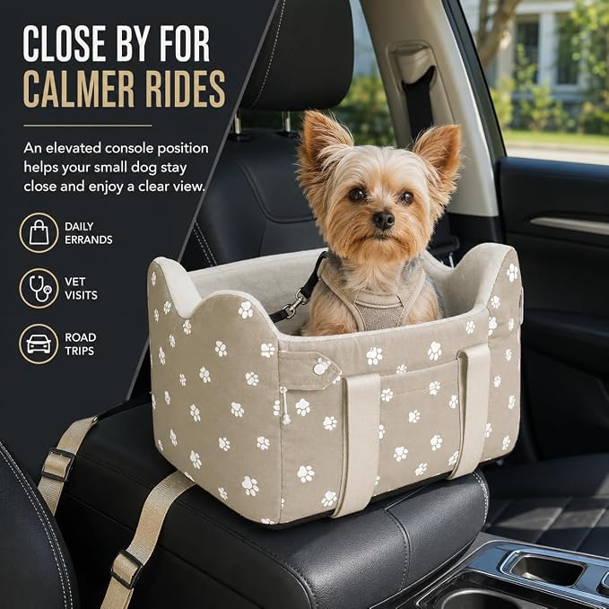 Dog Car Seat for Small Dogs (Under 15 lbs) – Center Console Pet Carrier with Safety Belt, Storage Pockets & Removable Washable Cover (Khaki Car Seat)