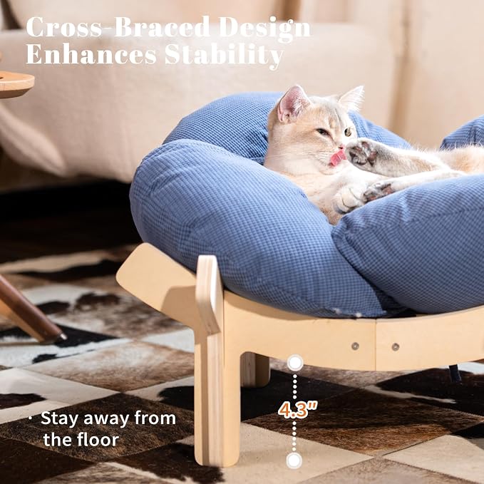CHEERHOME PETS Elevated Cat Bed Wooden with Cushion Fluffy Pet Couch Sofa for Indoor Cats Raised Kitty Lounge Chair Suitable for Puppy, Cat Furniture(Deep Blue)