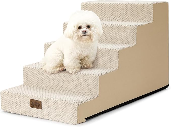 Dog Stairs for Small Dogs 17.7" H, 5-Step Gentle Incline Pet Step for Couch and Beds, Right-Angle Dog Ramp for Puppy Doggie Senior Cats, 17.7x29.5x17.7 Inch, Beige