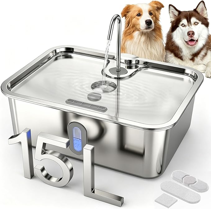 Dog Water Fountion for Large Dogs,15L/4 Gal Stainless Steel Automatic Pet Water Dispenser,Ultra Quiet Dog Fountain Water Bowl with Water Level Window & LED Light, Include 1Set Filter