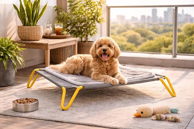 Elevated Dog Bed with Removable Cushion, Cooling Raised Pet Cot, Breathable Mesh Dog Bed, Washable Soft Mat, Durable Metal Frame, Indoor Outdoor Raised Pet Bed for Small Medium Dogs