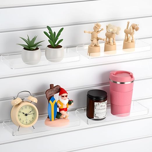 Yalikop 4 Pcs Slatwall Shelves Clear Acrylic Slatwall Shelves Organizer Wall Mounted Hanging Accessories Plastic Panel Display Shelf for Retail Store Boutique Garage Home(Fenced Style,10 x 4 Inch)