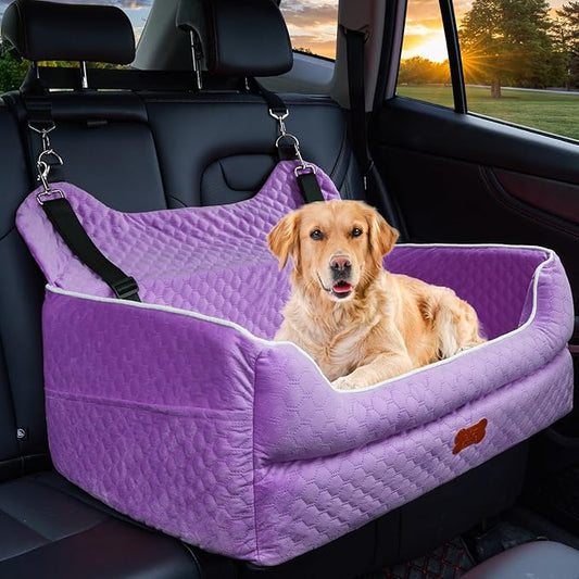 Dog Car Seat for Large/Medium Dogs - Memory Foam Dog Booster Seat for Under 55Lbs or 2 Small Dogs-Detachable and Washable Travel Bed with Thick Cushion and Storage Pockets-Purple