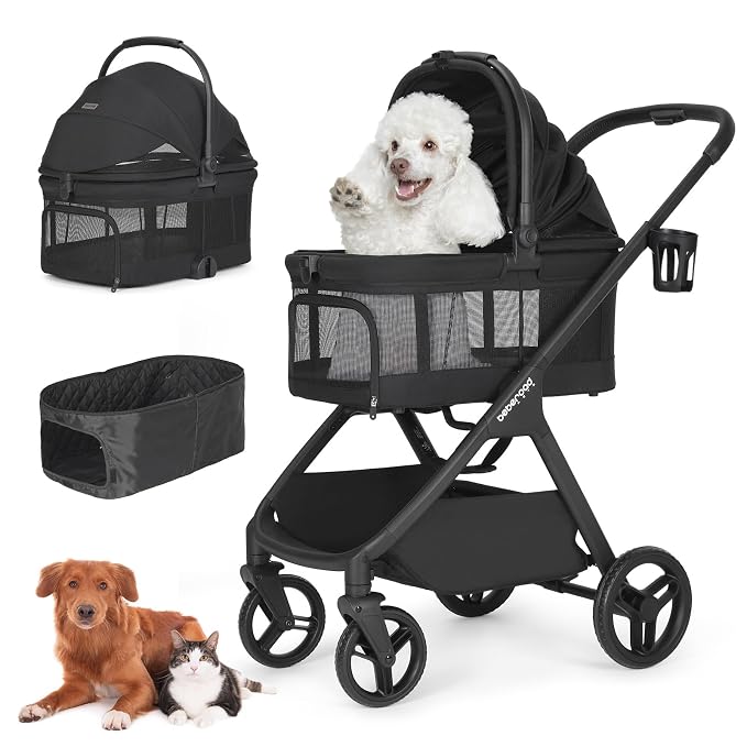 X-5 Pet Stroller for Medium Pets Up to 55 lbs, Net Black | Full View, Adjustable Handle, Detachable Carrier, Convertible Car Seat, One-Touch Fold, All-Terrain Wheels, 3-in-1 Design