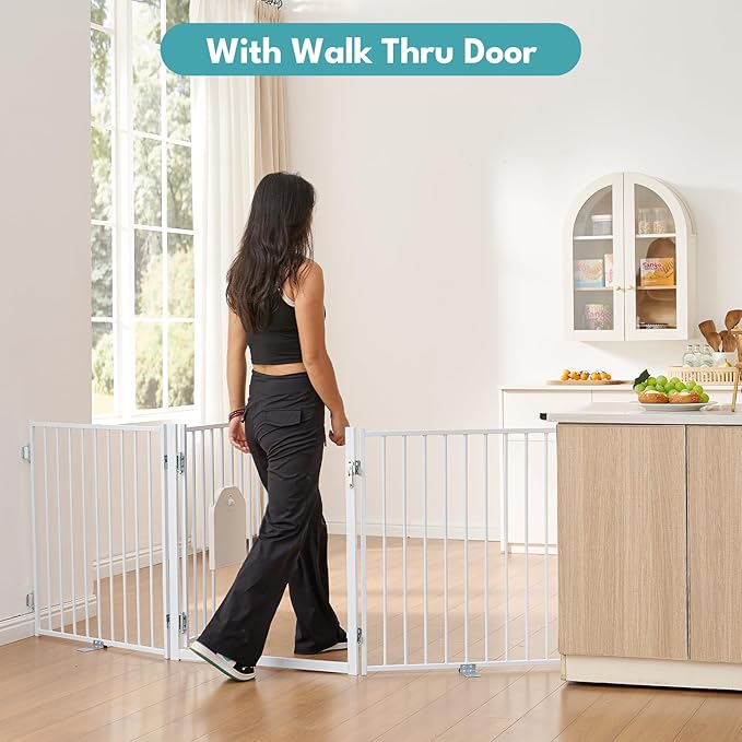 No Pawblems Free Standing Dog Gate with Cat Door, 30'' Tall Foldable Dog Fence for Indoor & Outdoor, Up to 78 Inch Extra Wide Puppy Gate for Stairs, Hallways, Doorways, Deck, Yard (White, 3 Panels)