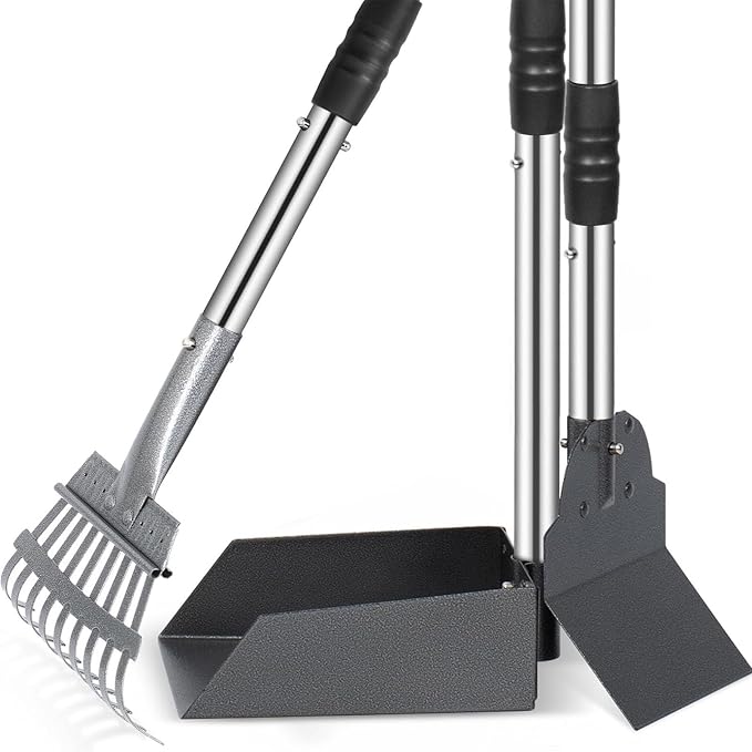 Dog Pooper Scooper Long Handle Adjustable, No Bending (Black) | Heavy Duty Stainless Steel Rake with Tray and Spade Set, Anti Stick, Easy Cleaning, for Grass, Dirt or Gravel