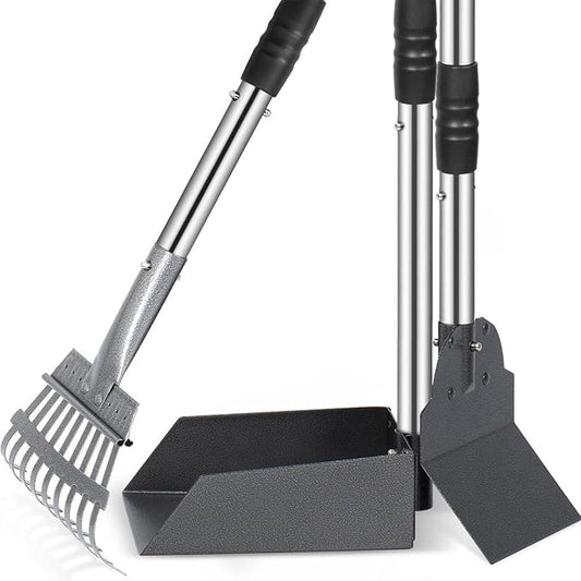 Dog Pooper Scooper Long Handle Adjustable, No Bending (Black) | Heavy Duty Stainless Steel Rake with Tray and Spade Set, Anti Stick, Easy Cleaning, for Grass, Dirt or Gravel