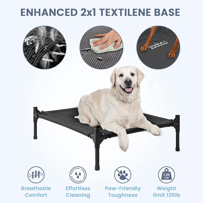 Zooba 36in Large Dog House Outdoor, Elevated Dog Bed with Canopy, Green | Weather-resistant 600D PVC canopy, breathable 2x1 Textilene elevated bed, steel frame; indoor or outdoor; easy to clean