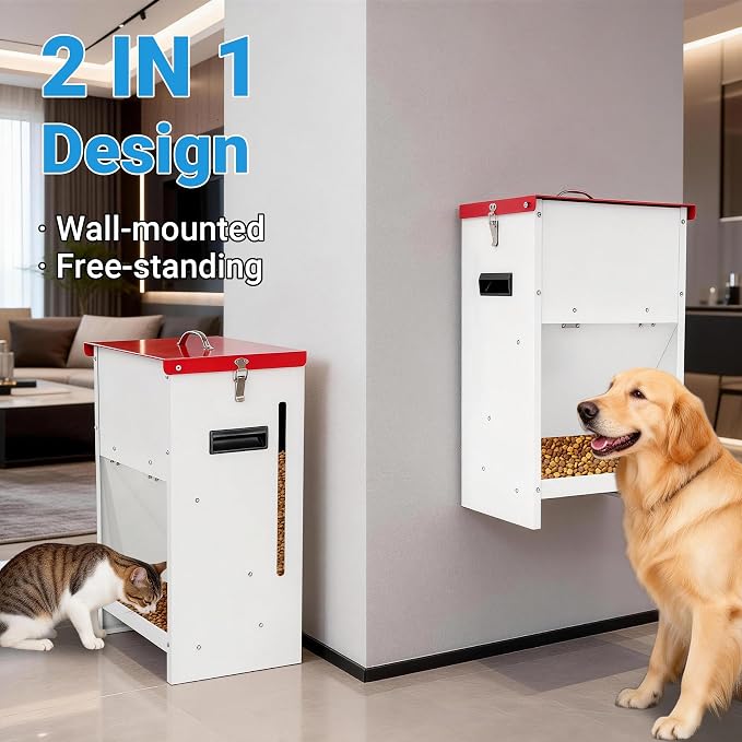 Automatic Dog Feeder - 15LBS Capacity Auto Gravity Dispenser | Powder Coated Dog Feeder, Waterproof for Indoor & Outdoor Use, 10.2"L x 8.3"W x 19"H, Red and White