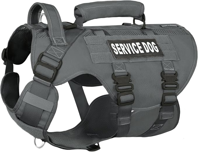 Service Dog Vest for Large Dogs, Grey Tactical Harness with Military MOLLE, Breathable Mesh & 39g Metal Buckle - Size XL for Training & Hiking