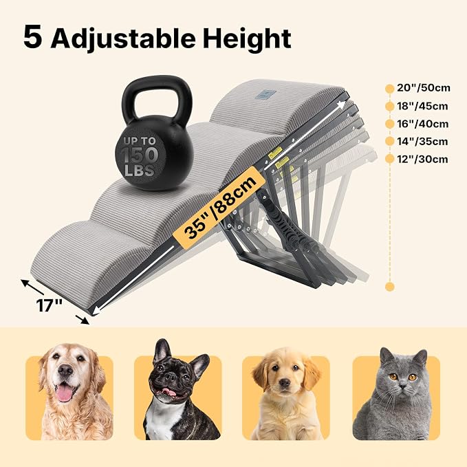 Veehoo Foldable Dog Ramp for Bed Couch Large Dogs, Adjustable 12-20'' High | Portable Dog Stairs 17" Extra Wide for Small Medium Large Pet, Folding Indoor Doggie Steps with Non-Slip Pad, up to 150lbs