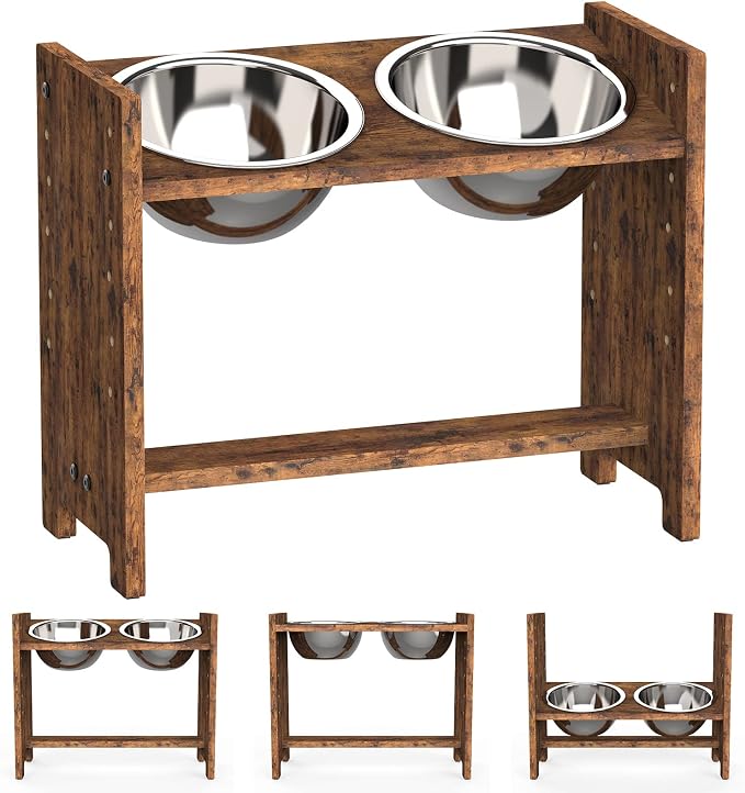 Elevated Dog Bowls, Adjustable Bowl Stand Large/XLarge, Rustic Brown | Particle Board Raised Dog Bowl Stand with 2 Stainless Steel Bowls for Large and Extra-Large Dogs