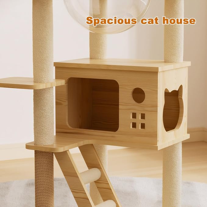 Modern Cat Tower, Wood Cat Tree Tower for Indoor Cats, Cat Tree with Sisal-Covered Scratching Posts and Soft Top Perch, 48.8'' Cat Condo with Acrylic Hammock for Small Large Cats