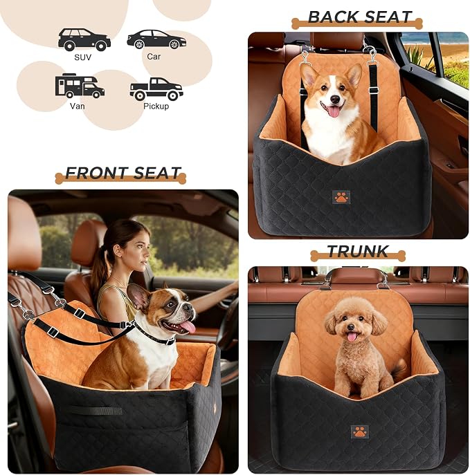 Dog Car Seat for Small/Medium Dogs Up to 35lbs, Puppy Car Seat with Thick Cushion, Detachable Washable Dog Carseat with Storage Pockets, 2 Safety Belts (Brown)