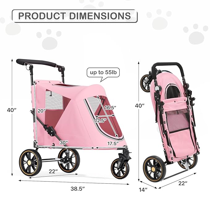 MoNiBloom Pet Stroller for Large Dogs or Dogs Cats up to 55 lbs, Pink | with Adjustable Handle, 3-Wheels Dual Entry Portable Dog Carting Easy Folding Pet Wagon Double Multiple Dog Stroller