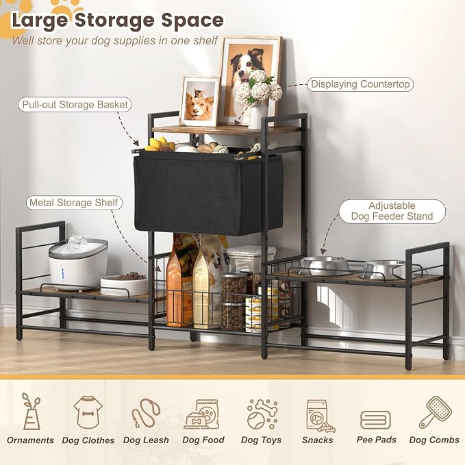 Lomivra Dog Feeding Station with 2 Elevated Bowl Stands & Large Storage | For 2-3 Dogs, 4 Adjustable Bowl Heights, Fit Large Medium Small Dogs, Fit All Bowl Types, Pull-Out Toy Bin, Dog Food Storage