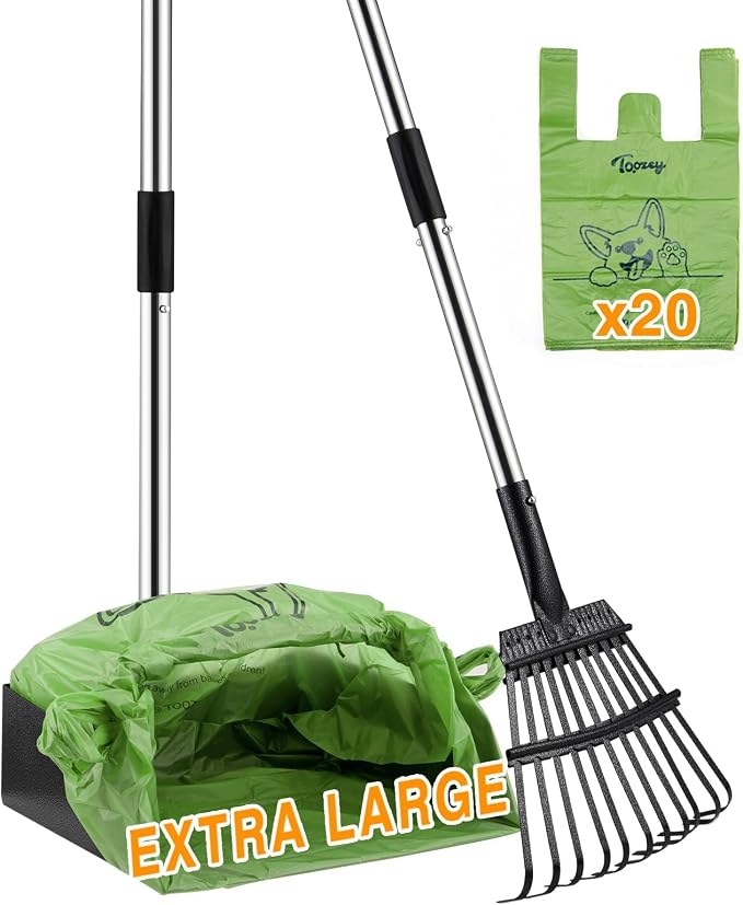 Toozey Extra Large Pooper Scooper for Large Dogs, 43.31" Long Handle | Sturdy Metal Tray & Rake | Cleaner Bag-Supported Pickup | Less Mess in Multi-Dog Yards | Fits Standard 13-Gallon Trash Bags