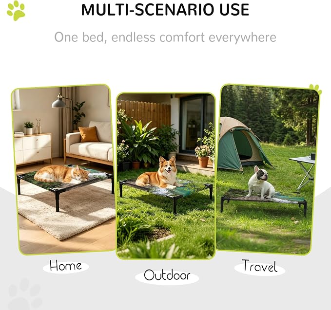 Outdoor Elevated Dog Bed for Large Dogs, Nature Scenery Breathable Cooling Raised Dog Cot for Indoor/Outdoor, Forest Walkway Lake Trees Spring View Waterproof Elevated Pet Beds, L 28 x 22 in