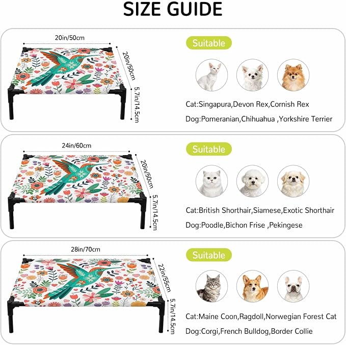 Outdoor Elevated Dog Bed for Small Dogs, Birds Flowers Breathable Cooling Raised Dog Cot for Indoor/Outdoor, Cartoon Sunny Colorful Botanical Floral Waterproof Elevated Pet Beds, S 20 x 20 in
